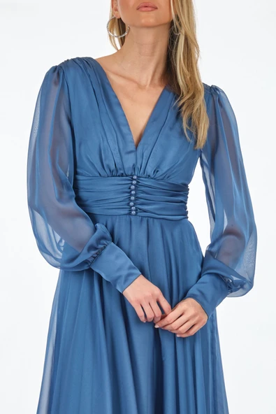 DORİDORCA V yaka Uzun Kollu Drapeli Midi Boy Kadın Abiye 211KB3081 - Resim 4