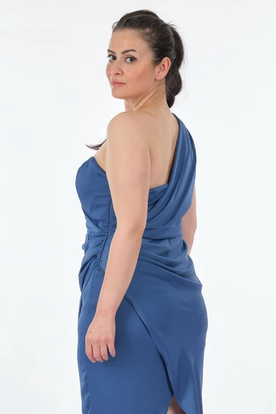 DORİDORCA Büyük Beden Tek Omuz Saten Midi Boy Kadın Abiye 231BB5011 - Resim 6