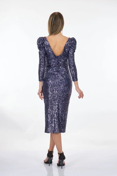 DORİDORCA Kalp Yaka Uzun Kollu Yırtmaçlı Payet Midi Boy Kadın Abiye 221KB3106 - 8