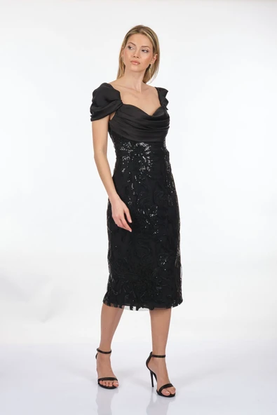 Alfa Beta  Degaje Yaka Düşük Kol Payetli Midi Boy Kadın Abiye Elbise 2115691 - Resim 4