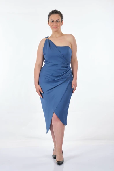 DORİDORCA Büyük Beden Tek Omuz Saten Midi Boy Kadın Abiye 231BB5011 - Resim 5