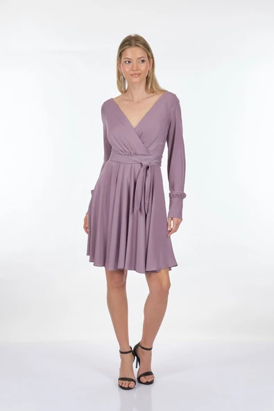 DORİDORCA Kruvaze Yaka Uzun Kollu Şifon Midi Boy Kadın Abiye 221KB4032 - 2