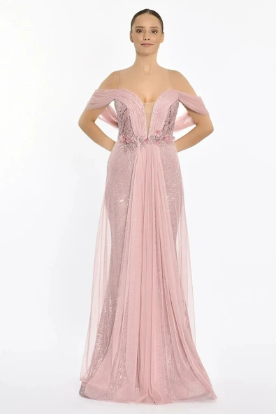 Alfa Beta İp Askılı Düşük Kol Tül Detaylı Taşlı Abiye Elbise 2115290 - Resim 2