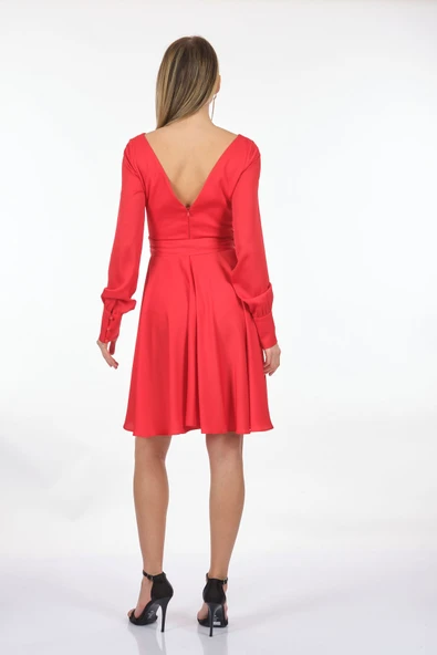 DORİDORCA Kruvaze Yaka Uzun Kollu Şifon Midi Boy Kadın Abiye 221KB4032 - 11