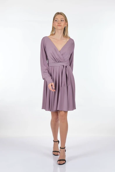 DORİDORCA Kruvaze Yaka Uzun Kollu Şifon Midi Boy Kadın Abiye 221KB4032 - 3