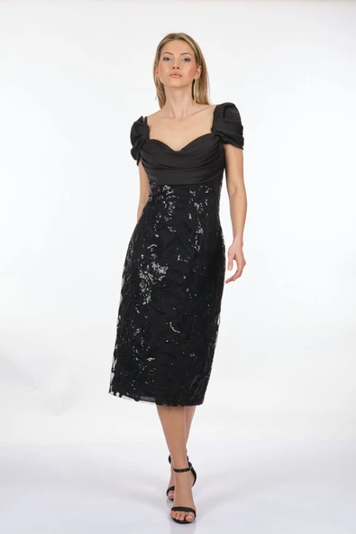 Alfa Beta  Degaje Yaka Düşük Kol Payetli Midi Boy Kadın Abiye Elbise 2115691 - Resim 2