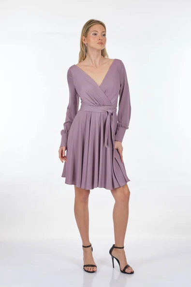 DORİDORCA Kruvaze Yaka Uzun Kollu Şifon Midi Boy Kadın Abiye 221KB4032 - 5