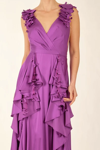 Alfa Beta Çift Yırtmaçlı Çiçek Aksesuarlı Saten Uzun Abiye Elbise - 6