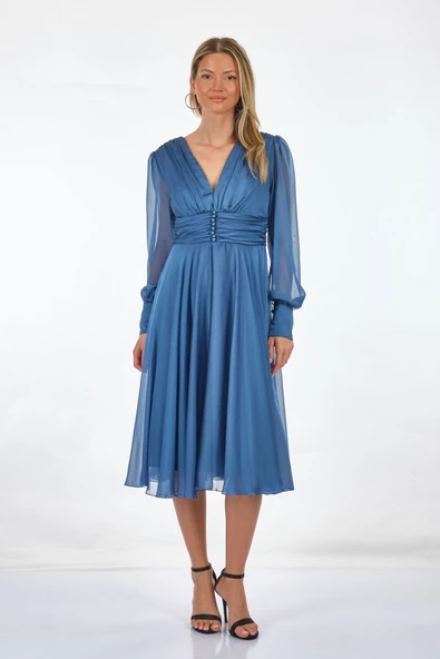 DORİDORCA V yaka Uzun Kollu Drapeli Midi Boy Kadın Abiye 211KB3081 - Resim 2