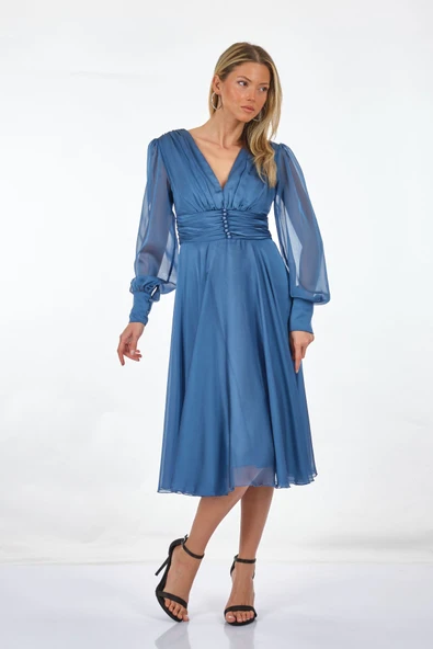 DORİDORCA V yaka Uzun Kollu Drapeli Midi Boy Kadın Abiye 211KB3081 - Resim 7