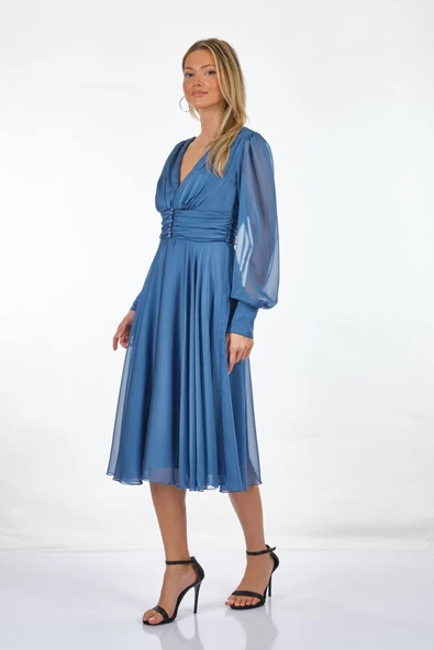 DORİDORCA V yaka Uzun Kollu Drapeli Midi Boy Kadın Abiye 211KB3081 - Resim 8