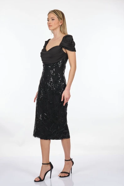 Alfa Beta  Degaje Yaka Düşük Kol Payetli Midi Boy Kadın Abiye Elbise 2115691 - Resim 3