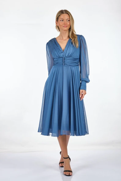 DORİDORCA V yaka Uzun Kollu Drapeli Midi Boy Kadın Abiye 211KB3081 - Resim 5