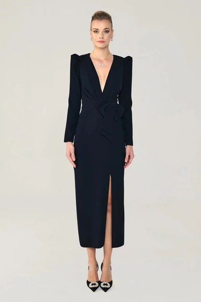 Alfa Beta KadınV Yaka Uzun Kollu Yırtmaçlı Uzun Abiye Elbise 2245625 - Resim 3