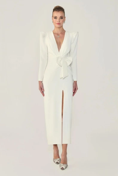 Alfa Beta KadınV Yaka Uzun Kollu Yırtmaçlı Uzun Abiye Elbise 2245625 - Resim 2