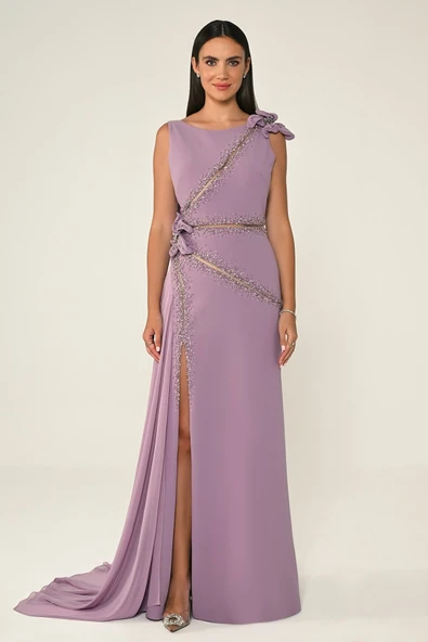 Alfa Beta Çiçek ve Aksesuarlı Yırtmaçlı Şallı Uzun Abiye Elbise - 8