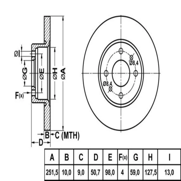 FREN DISK ARKA DUZ 251-5 ( FIAT: STILO LINEA BRAVO  07 -  )