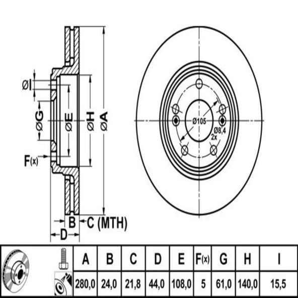 FREN DISK ON HAVA KANALLI 280-5 ( RENAULT: LAGUNA I MEGANE SCENIC 98 - 02 )