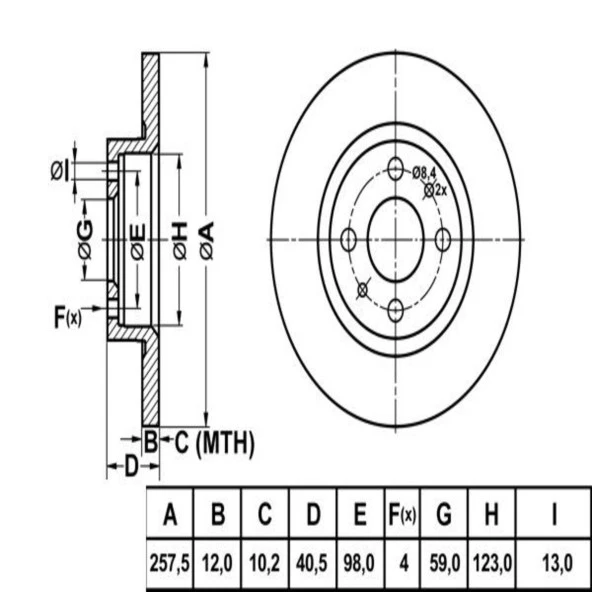 FREN DISK ON DUZ 257-4 ( FIAT: TEMPRA MAREA BRAVO 91 - 01 / ALFA ROMEO: 145 146 94 - 96)