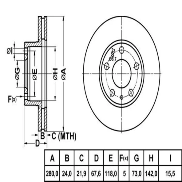 FREN DISK ON HAVA KANALLI 280-5 ( FIAT: DUCATO III 230 06 - 14 / PEUGEOT: BOXER I II JUMPER I II  - )
