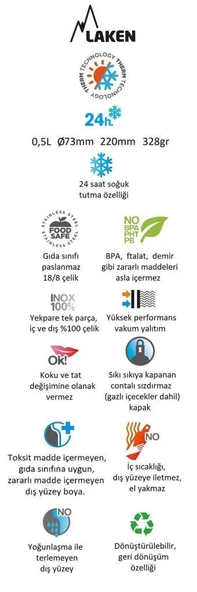 Laken Çelik 18/8 Jannu Termos Şişe 0,50L - Turuncu LKTJ5O - Resim 2