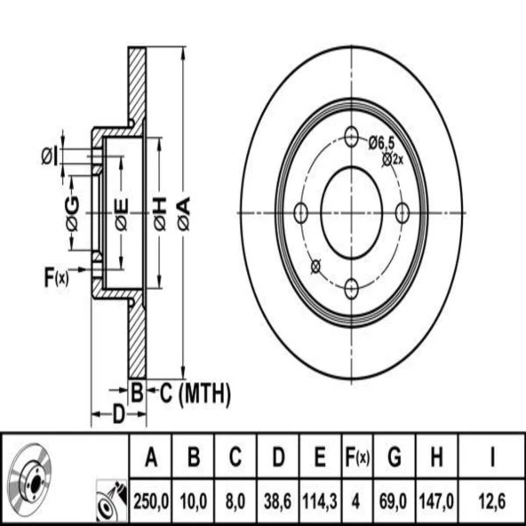 FREN DISK ARKA DUZ 250-4 ( MITSUBISHI: COLT 1.5 BENZINLI 04 - 10 / SMART: FORFOUR 0407  )