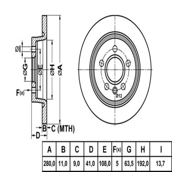 FREN DISK ARKA DUZ 280-5 ( FORD: FOCUS 04- KUGA CONNECT 11 -  / VOLVO: S40 V50 C70  - )