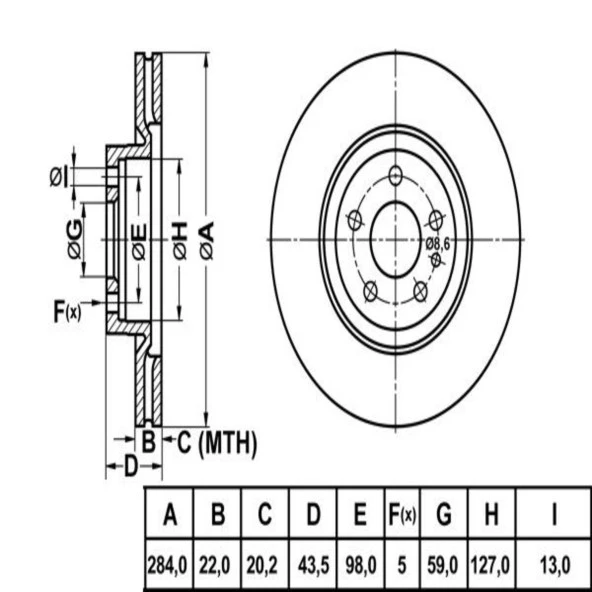 FREN DISK ON HAVA KANALLI Ø284-5-(FIAT : DOBLO 2010 FIAT : EGEA 1.4 1.3JTD 1.6JTD ALFA ROMEO : 156 2.0 2.4  )
