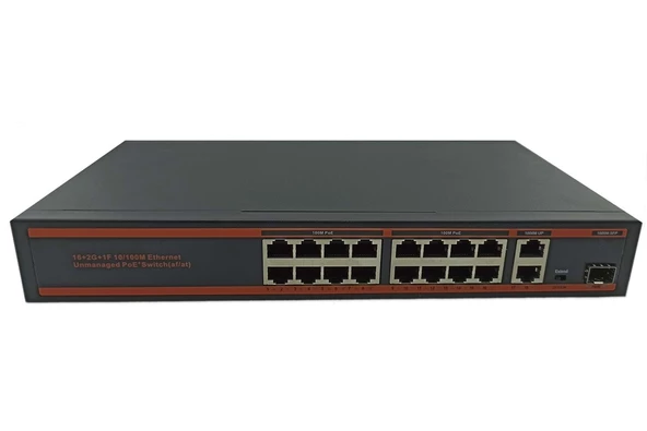 Nova ND1PD1622LG 16 Port Poe+ 10-100 Mbps 2 Port 10-100-1000 Mbps Uplink  2 Port SFP Switch 250W