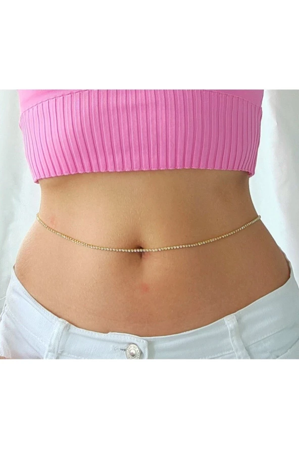 Kristal Taşlı Altın Kaplama Tekli Halka Figürlü Vücut Kolyesi - Aksesuarı - Bel - Zincir - Tasarım ürün görseli