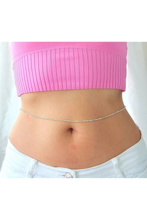 Kristal Taşlı Gümüş Renk Tekli Halka Figürlü Vücut Kolyesi - Aksesuarı - Bel - Zincir - Tasarım ürün görseli