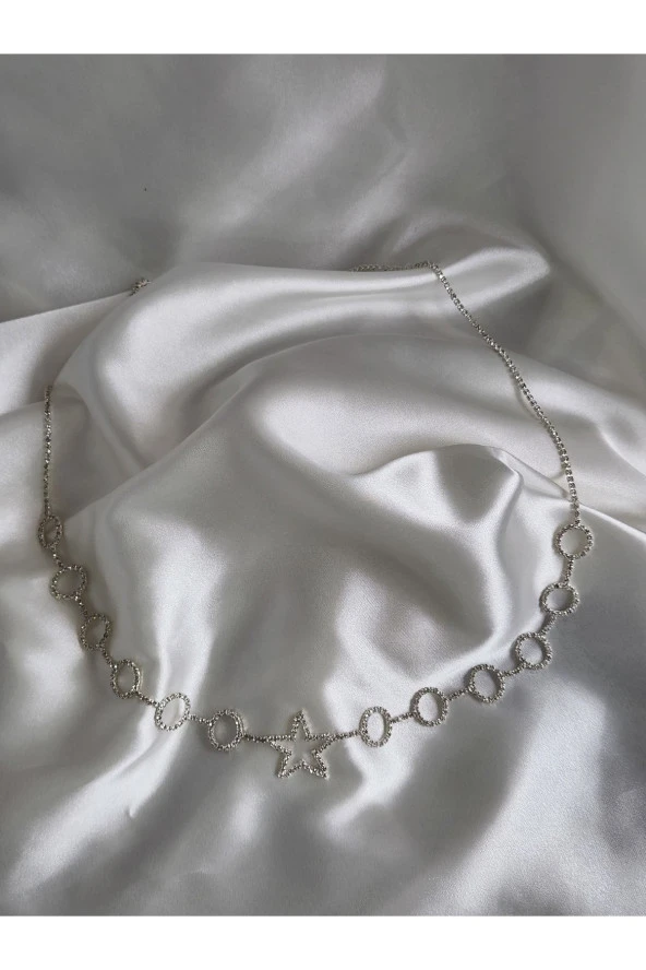 Kristal Taşlı Gümüş Renk Yıldız Halka Figürlü Vücut Kolyesi - Aksesuar - Bel - Zincir - Tasarım - Resim 2