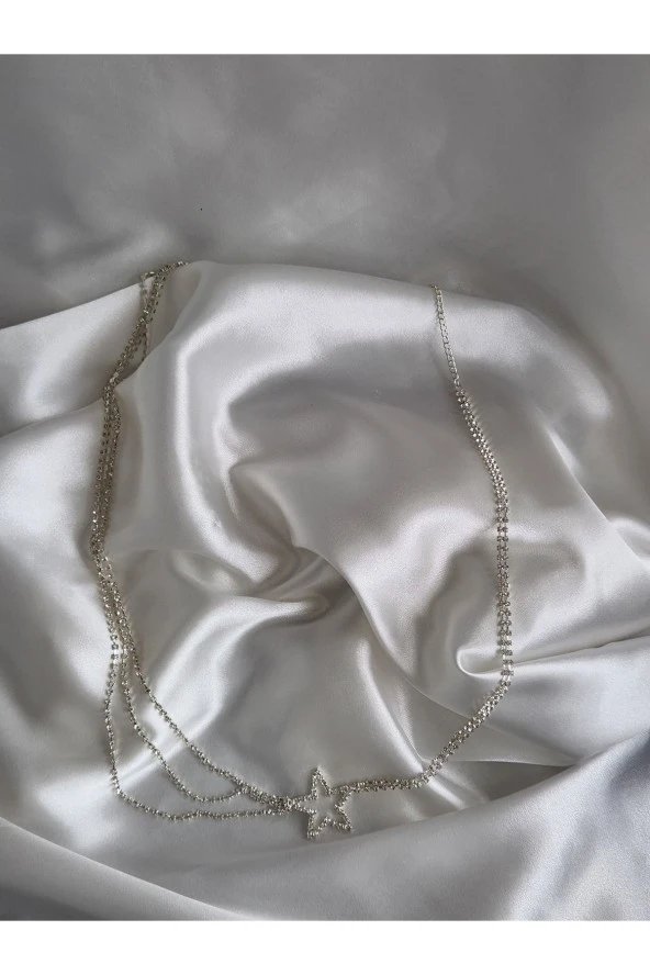 Kristal Taşlı Gümüş Renk Yıldız Figürlü 3'lü Vücut Kolyesi - Aksesuar - Bel - Zincir Tasarım - Resim 2