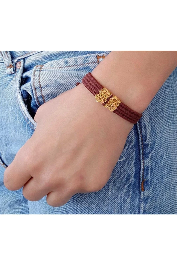 Kahverengi Kordon Dokuma Zincir Model Örgü Ip Bileklik ürün görseli