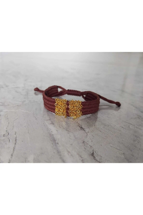 Kahverengi Kordon Dokuma Zincir Model Örgü Ip Bileklik - Resim 2