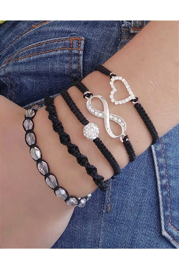 Siyah Sonsuzluk - Kalp- Kristal Makrome Ip Bileklik Takımı Set - 1