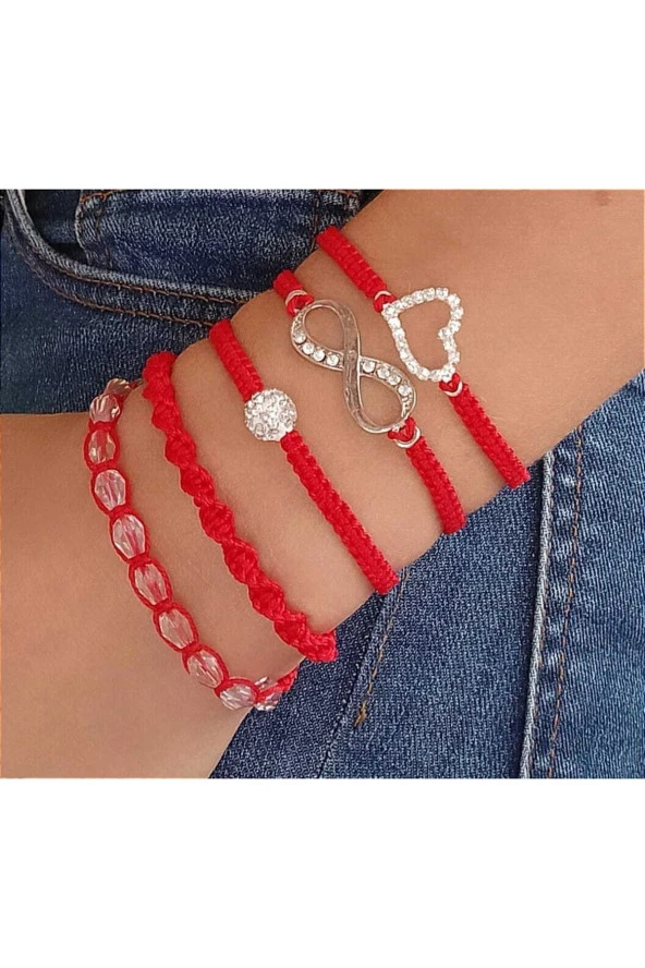 Kırmızı Sonsuzluk - Kalp- Kristal Makrome Ip Bileklik Takımı Set ürün görseli
