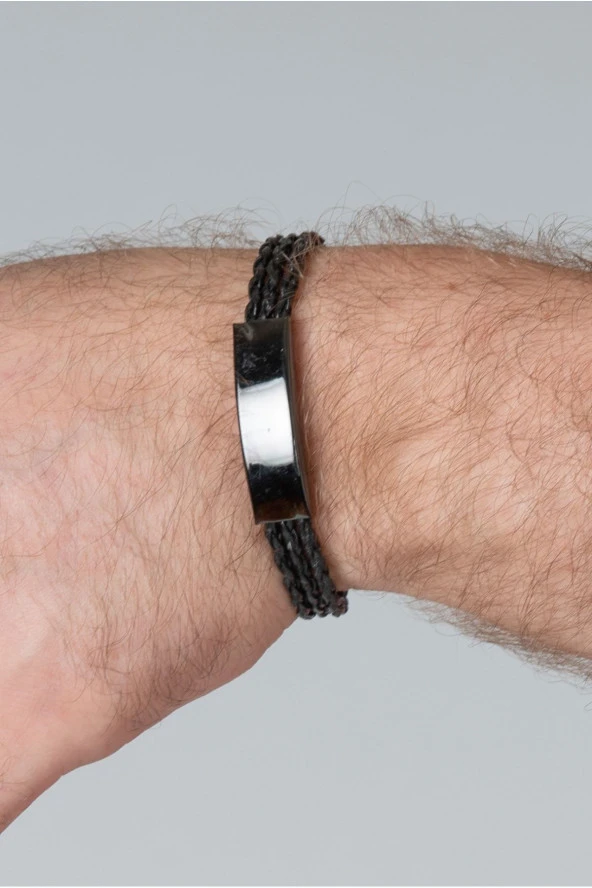 Erkek Siyah Plaka Kaplama Kalın Örgü Deri Bujiteri Bileklik ürün görseli