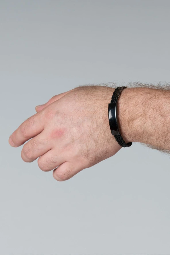 Erkek Siyah Plaka Kaplama Kalın Örgü Deri Bujiteri Bileklik - Resim 2