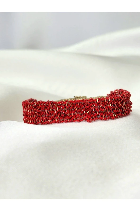 Kırmızı Zincir Dokuma Kordon El Yapımı Otantik Bileklik - Resim 2