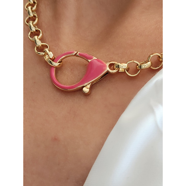 Pembe Neon Renkli Gold Zincir Kolye - 3