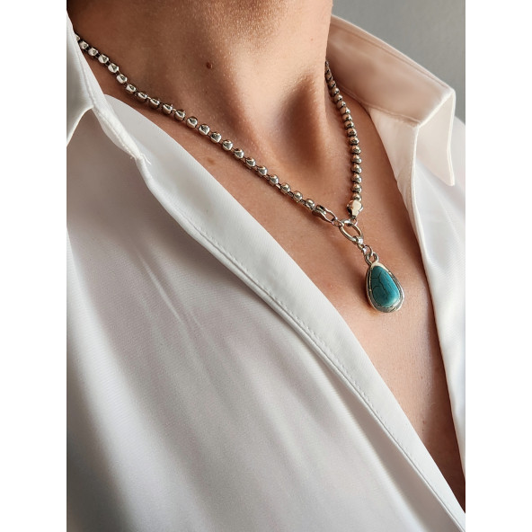 Arpa Model Silver Turkuaz Taşlı Zincir Kolye ürün görseli