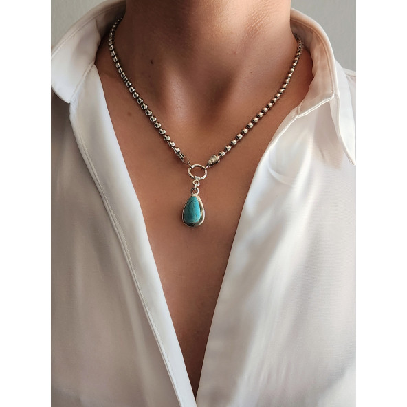 Arpa Model Silver Turkuaz Taşlı Zincir Kolye - Resim 2