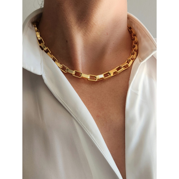 Kare Halkalı Unisex Gold Çelik Kolye ürün görseli