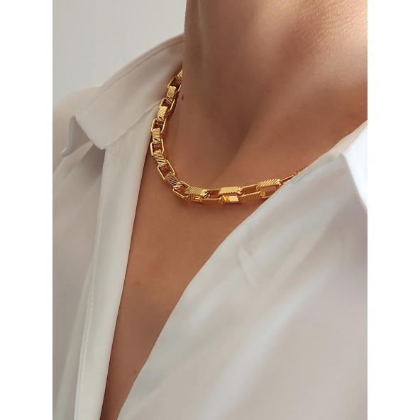 Kare Halkalı Unisex Gold Çelik Kolye - Resim 2