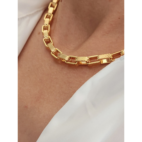 Kare Halkalı Unisex Gold Çelik Kolye - Resim 3