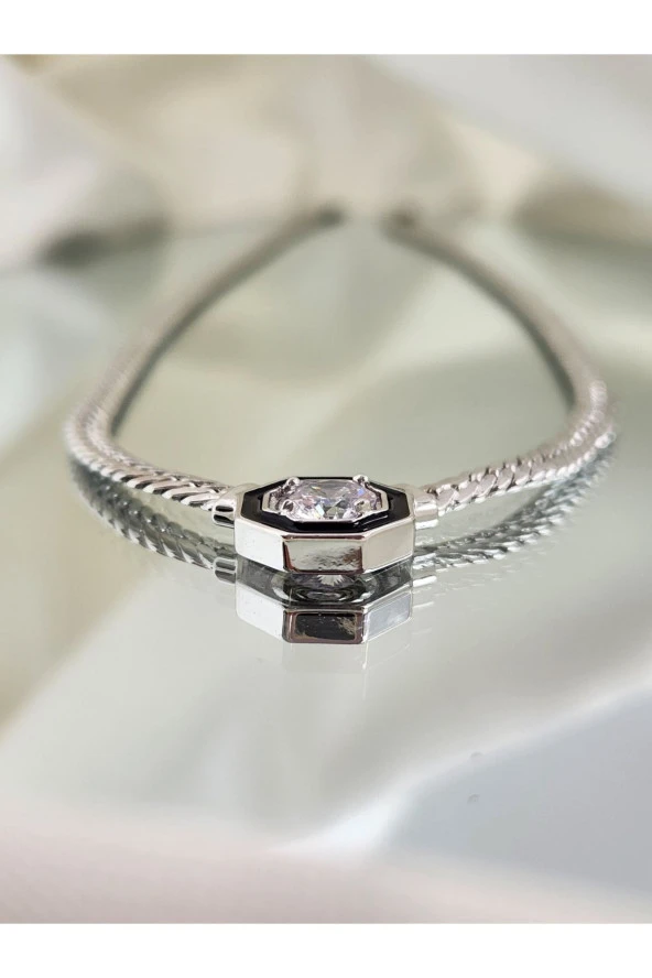 Italyan Model Zincirli Zirkon Taşlı Çelik Kolye Gümüş Rengi ürün görseli