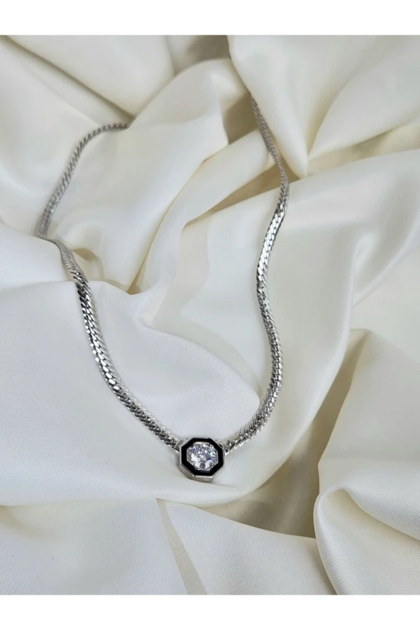 Italyan Model Zincirli Zirkon Taşlı Çelik Kolye Gümüş Rengi - Resim 3