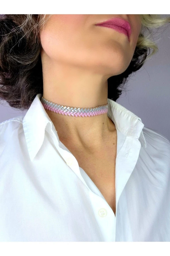 Pembe Gri Choker Tasma Miyuki Tila El Yapımı Kolye