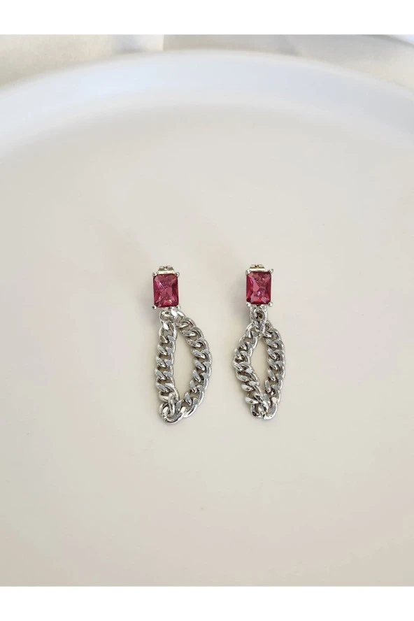 Kırmızı Dikdörtgen Taşlı Zincir Model Sallantılı Küpe - Resim 2